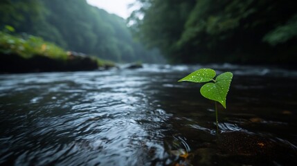 Poster - A vibrant green plant sprout with water droplets emerges from river rocks surrounded by flowing water and lush green forest during daylight
