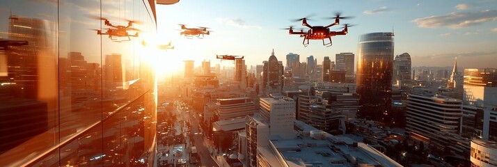 Aufkleber - Drones flying over a cityscape at sunset bathed in warm sunlight creating an orange and yellow gradient. Modern buildings compose the background with reflections