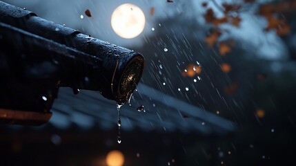 Poster - Close-up of a wet roof edge with falling raindrops under a blurred full moon creating a moody atmospheric scene. Soft focus autumn leaves add warmth to a dark and wet backdrop