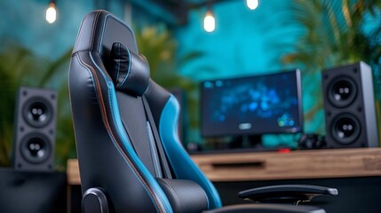 Poster - Gaming chair and desk setup featuring a monitor speakers and lush greenery creating a focused and comfortable workspace environment