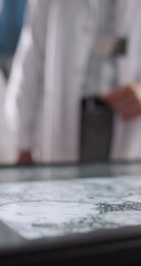 Aufkleber - Hands, scientist and team with screen for discussion, microbiology test and experiment with virus analysis. Medical science, people and interactive display for innovation, research and closeup in lab