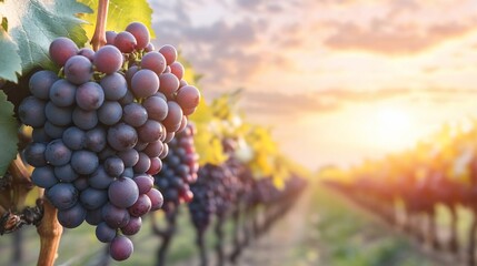 Leinwandbilder - Close-up of ripe grapes on a vine bathed in warm sunlight with a blurred vineyard background conveying harvest season and agricultural beauty