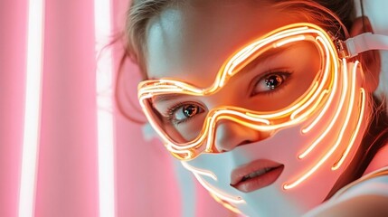 Aufkleber - Close-up portrait of a young woman wearing a glowing neon mask, illuminated with orange and pink light. The background features vertical neon lights, creating a futuristic and artistic atmosphere