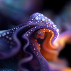 Fototapete - Abstract artwork featuring a swirling organic form. The image showcases a blend of purple orange and blue hues with intricate textures and a bokeh background. It evokes a sense of depth and