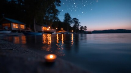 Poster - Tranquil night scene featuring a glowing candle on a sandy shore reflecting on calm water, with illuminated buildings and a starry night sky