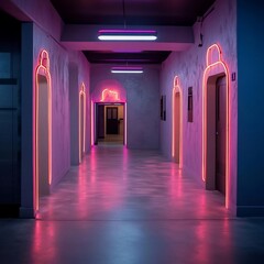 Leinwandbilder - Interior perspective of a hallway with glowing neon lights. The walls are textured with doorways and reflections on the floor, creating a futuristic atmosphere