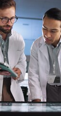 Aufkleber - Innovation, scientist and men with tablet, lab and medical research with interactive display and team. Collaboration, online and people with tech to identify genetic mutations, discussion and app