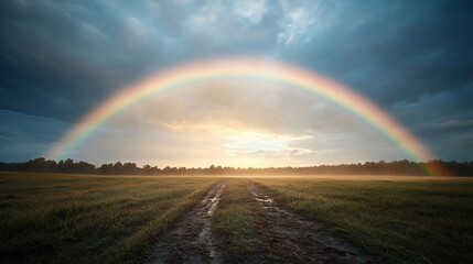 Poster - A vibrant rainbow arcs across a cloudy sky above a green field and dirt path at sunset with light rays illuminating the landscape