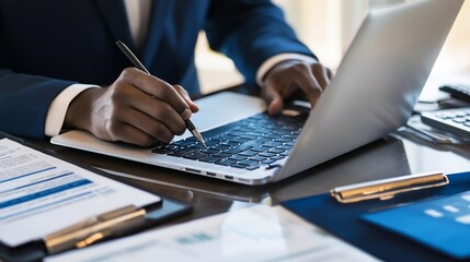 Poster - Close up of a person's hands working on a laptop and writing on paper documents. Blue suit and office supplies on the desk