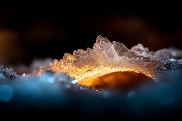 Poster - Macro shot of icy crystals illuminated by warm light with blue bokeh in the foreground and a dark background creating a contrast of textures and colors