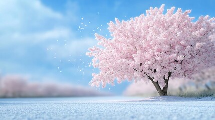 Aufkleber - Blossoming Tree with Pink Petals on a Snowy Path under a Blue Sky with Scattered Floating Particles. Blurred Row of Trees in Background