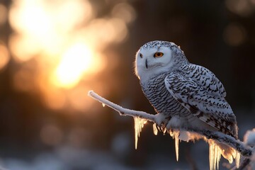 Aufkleber - Snowy owl perched on a branch with icicles illuminated by golden sunlight and blurred background emphasizing winter ambiance and nature beauty