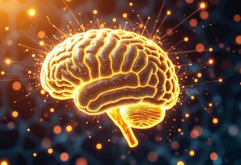 Fototapete - Golden neural brain network illuminated with digital sparks, symbolizing intelligence, connectivity, and the future of technology