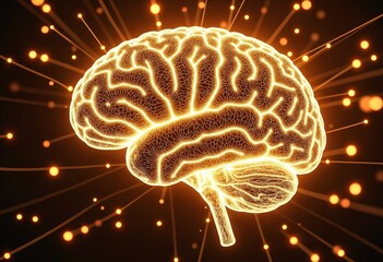 Fototapete - Golden neural brain network illuminated with digital sparks, symbolizing intelligence, connectivity, and the future of technology