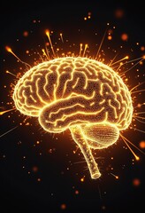 Fototapete - Golden neural brain network illuminated with digital sparks, symbolizing intelligence, connectivity, and the future of technology