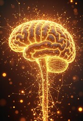 Fototapete - Golden neural brain network illuminated with digital sparks, symbolizing intelligence, connectivity, and the future of technology