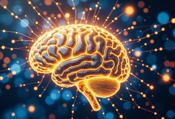 Fototapete - Golden neural brain network illuminated with digital sparks, symbolizing intelligence, connectivity, and the future of technology