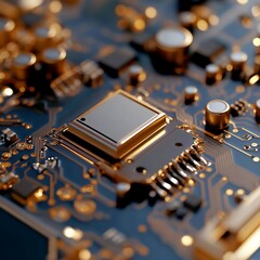 Poster - Close-up of a detailed circuit board with metallic components. Blue background highlights electronic pathways. The lighting emphasizes technological complexity