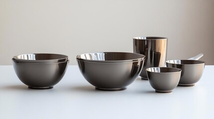 Aufkleber - Arrangement of metallic tableware comprising bowls cup and spoon set against a neutral backdrop with soft lighting reflections. The polished surfaces reflect the light