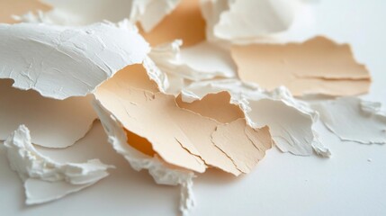 Poster - Close-up of broken eggshells scattered on a white surface. The shells are a mix of white and beige tones, emphasizing textures and organic shapes