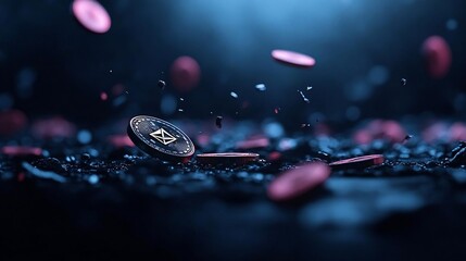 Aufkleber - Abstract composition of scattered circular objects floating in a dark environment illuminated by blue lighting with selective focus and depth of field