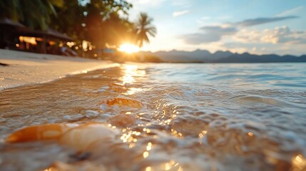 Poster - Seashore scene at golden hour with sun setting on horizon. Water washes over golden sand. Trees in the background and reflections in the sea