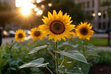 Poster - Close-up of vibrant yellow flowers with green leaves illuminated by warm golden sunlight in an outdoor setting with blurred background