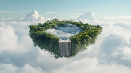 Leinwandbilder - A surreal floating island with lush green trees and a serene cloudy center floats above a sea of clouds under a bright sky creating an ethereal atmosphere