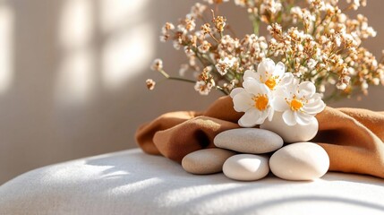 Aufkleber - A serene still life featuring white flowers in a vase, smooth stones, and a soft brown towel arranged on a textured surface with dappled sunlight