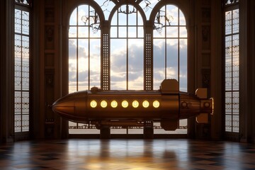 Aufkleber - Golden submarine inside a grand room with large arched windows. Interior features ornate wooden paneling. The sky is visible outside. Soft light creates warm glow