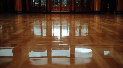 Poster - Wooden floor reflecting architectural elements with soft lighting creating a sense of depth and spaciousness