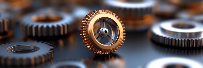 Aufkleber - Close-up shot of intricate mechanical gears with a selective focus against a blurred background Metallic golden gear highlighted with other silver gears
