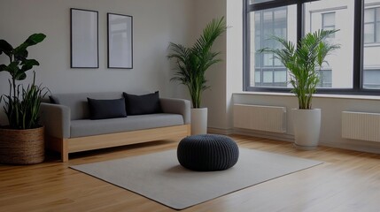 Poster - Interior scene with sofa plants and textured ottoman on a rug. Neutral tones and natural light create a calm atmosphere