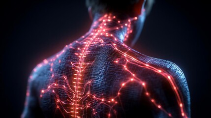 Aufkleber - Medical illustration depicting the human nervous system in vibrant red against a dark background. Focus on the back and spine highlights neural pathways and glowing nodes