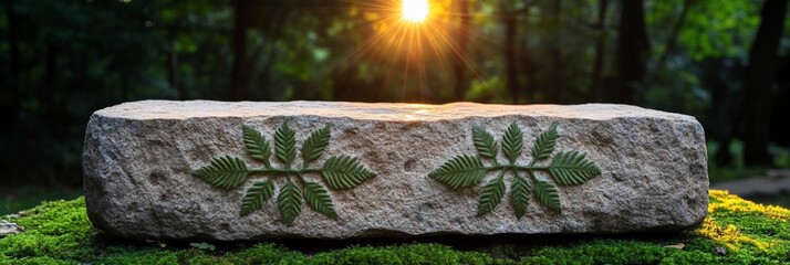 Poster - A close-up of a stone block with leaf carvings surrounded by moss with a blurred forest background illuminated by the sun