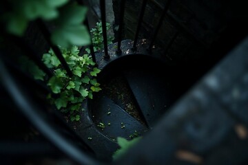 Leinwandbilder - Overhead perspective of a spiral staircase bathed in shadow with vibrant green foliage adding a touch of life to the scene. The wet stone surface reflects the dim light creating a moody atmosphere