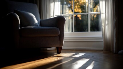 Aufkleber - Cozy indoor scene featuring a patterned armchair bathed in sunlight near a window. Sunlight creates striped shadows on the wooden floor and illuminates the interior with warm tones