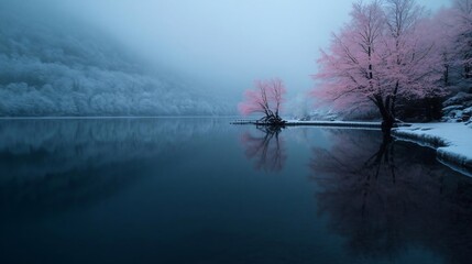 Aufkleber - Serene lake reflecting pink flowering trees against a backdrop of snow-covered mountains under a moody sky. Tranquil scene with soft lighting creating a peaceful atmosphere
