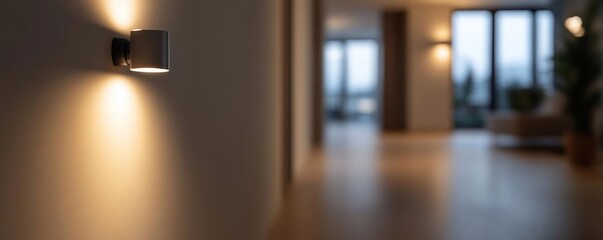 Poster - Warm light fixture casting shadows on a beige wall with a blurred hallway in the background showcasing modern architectural details with a hardwood floor