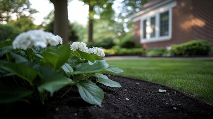 Leinwandbilder - Close-up view of white flowers in full bloom with lush green foliage in foreground against a house with green grass in the background under sunlight. 