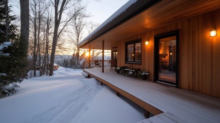 Poster - Snow-covered wooden house exterior with a porch. Warm interior lighting contrasts the cold winter environment during sunset. Trees surround the home with a pathway through the snow