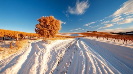 Leinwandbilder - A snow-covered road leads through a vineyard with golden-hued vines under a clear blue sky with scattered clouds at sunrise. The light creates long shadows