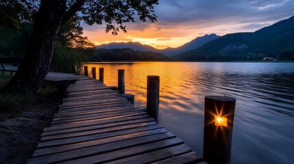 Poster - Wooden pier extends into a serene lake reflecting the vibrant sunset sky alongside green hills and trees