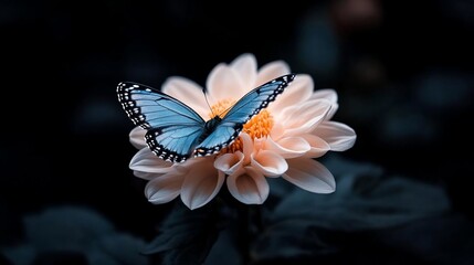 Aufkleber - Close-up view of a blue butterfly with delicate patterns gracefully perched on a light orange flower. Dark blurred background with green leaves adds depth and contrast