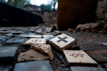 Leinwandbilder - Close up shot of cracked square tiles in ruin with a cross symbol. The ground is wet and the scene has a moody, overcast atmosphere