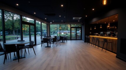 Poster - Interior perspective of a modern cafe featuring wooden floors, tables and chairs, and a bar area. Large windows offer views of outdoor greenery with a warm lighting scheme