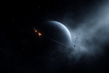 Aufkleber - A celestial scene featuring a partially illuminated planet set against a dark backdrop. Streaks of light and nebulous clouds add depth and mystery to the cosmic panorama