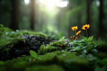 Leinwandbilder - Vibrant orange and purple wildflowers bloom amidst lush green moss and foliage within a serene forest setting bathed in soft sunlight