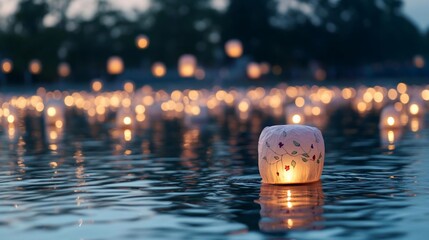 Aufkleber - Floating lanterns illuminate calm water at dusk creating a serene and peaceful atmosphere with soft focus background