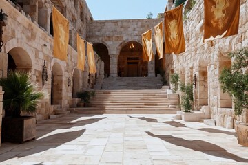 Aufkleber - Exterior view of an ancient stone courtyard with arched walkways orange banners and a grand entrance. The scene is bathed in sunlight creating a warm atmosphere